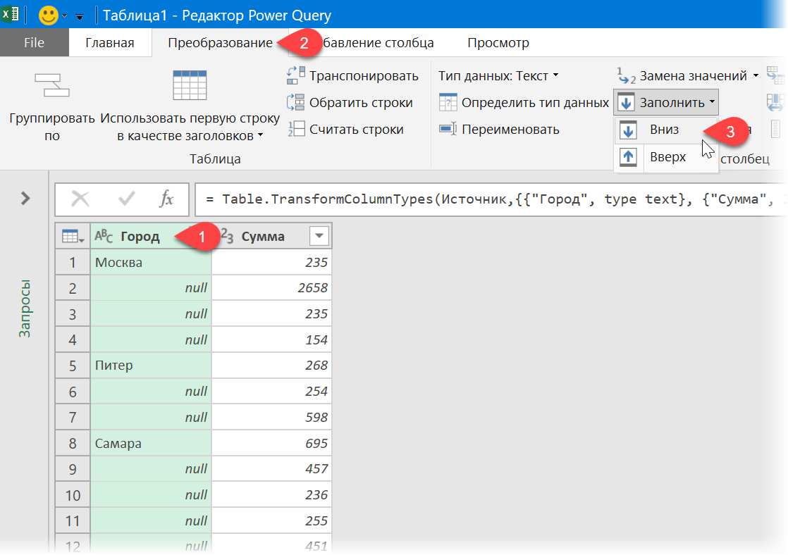Заполнение пустых ячеек в Power Query Заполнение пустых ячеек в Power Query